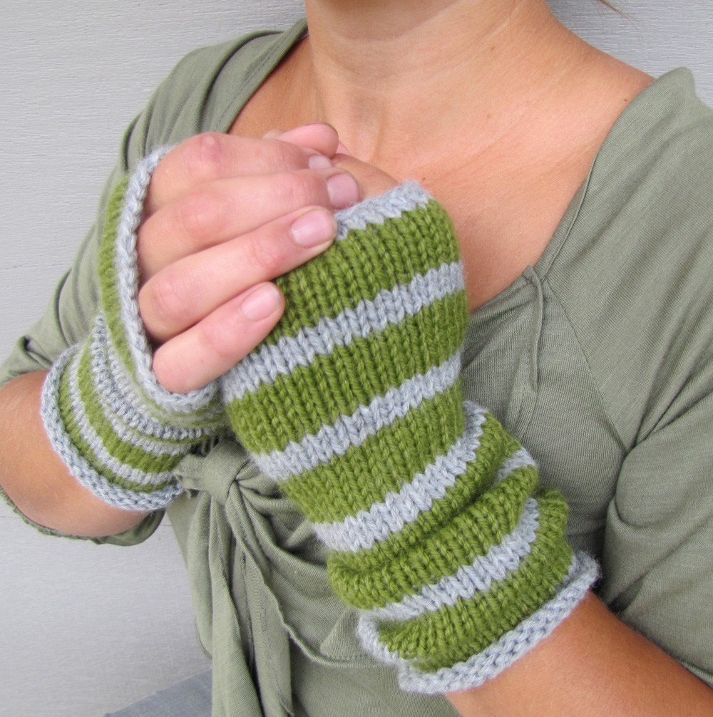 Striped arm warmers fingerless gloves green and grey