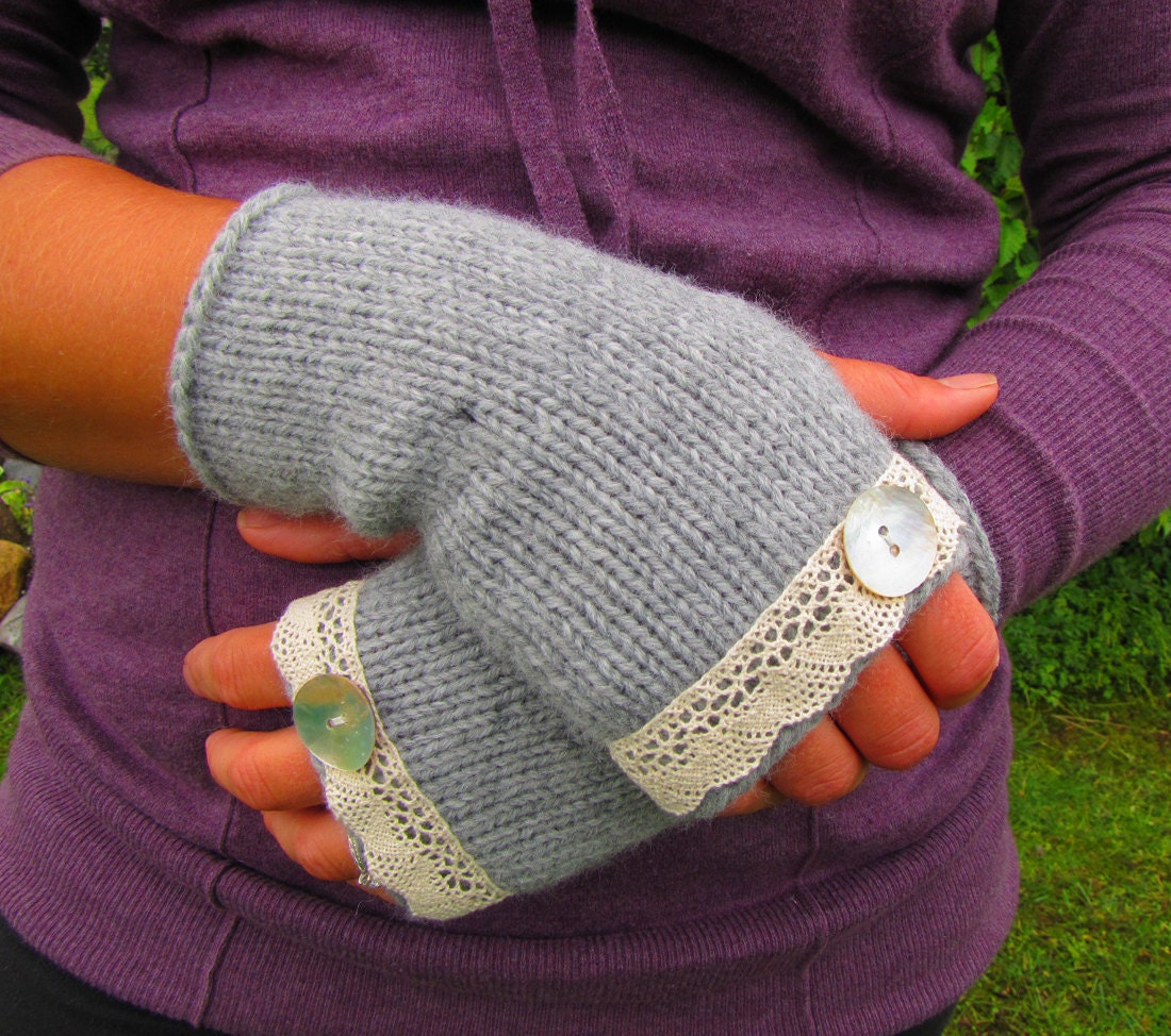 Hand knit fingerless gloves in Heather Grey with lace accents - available in more colors