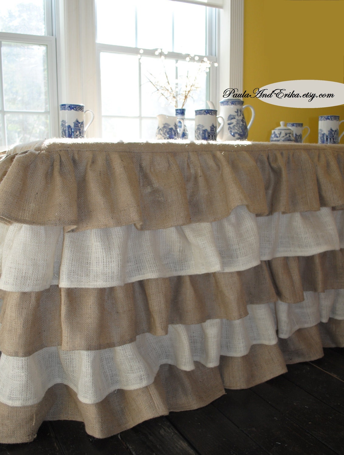 Natural and Cream Burlap Ruffled Tablecloth