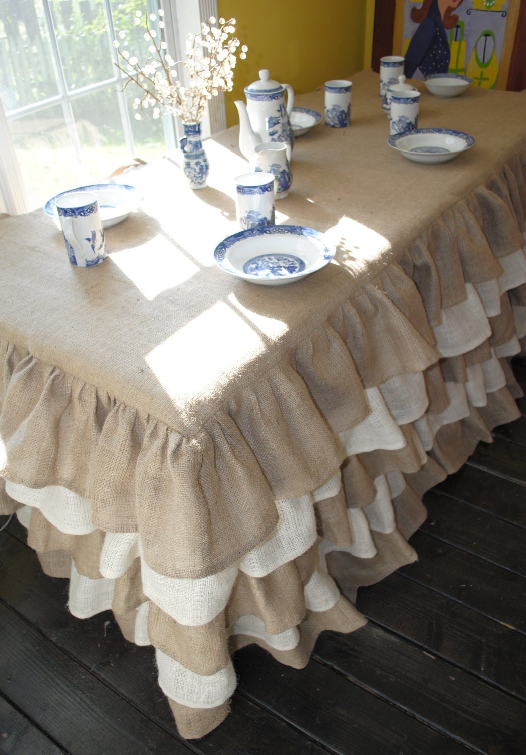 Natural and Cream Burlap Ruffled Tablecloth
