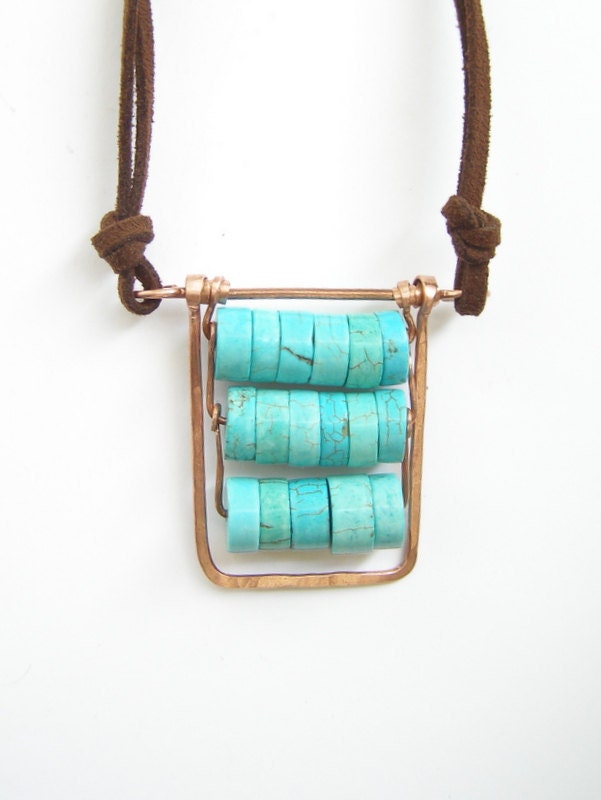 Pendant Boho natural gemstone blue turquoise with copper on suede casual necklace Israel art made in Israel - LenaMer