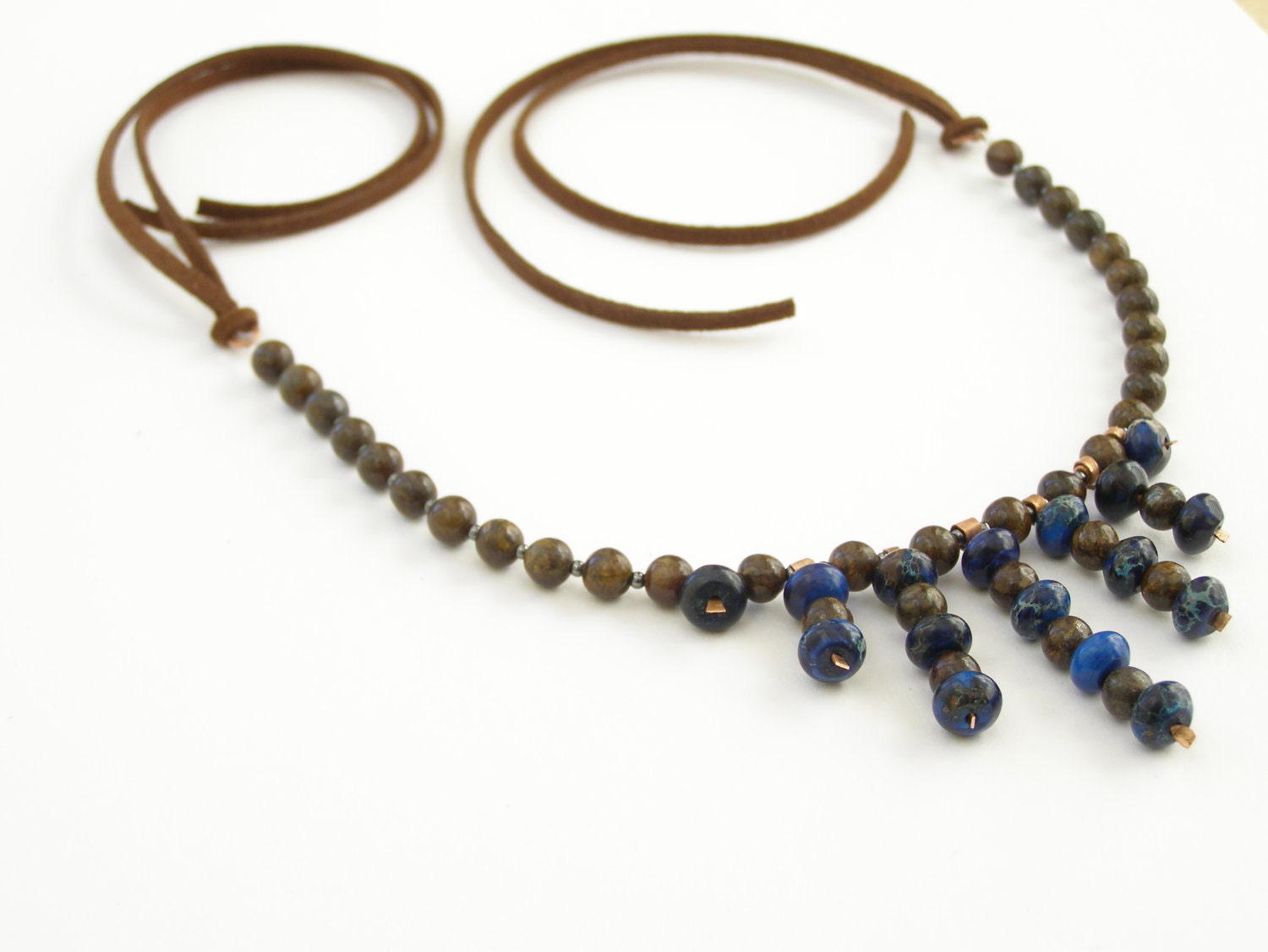 Bronzit Deep blue Jasper Hematite tiny beads on suede tribe necklace