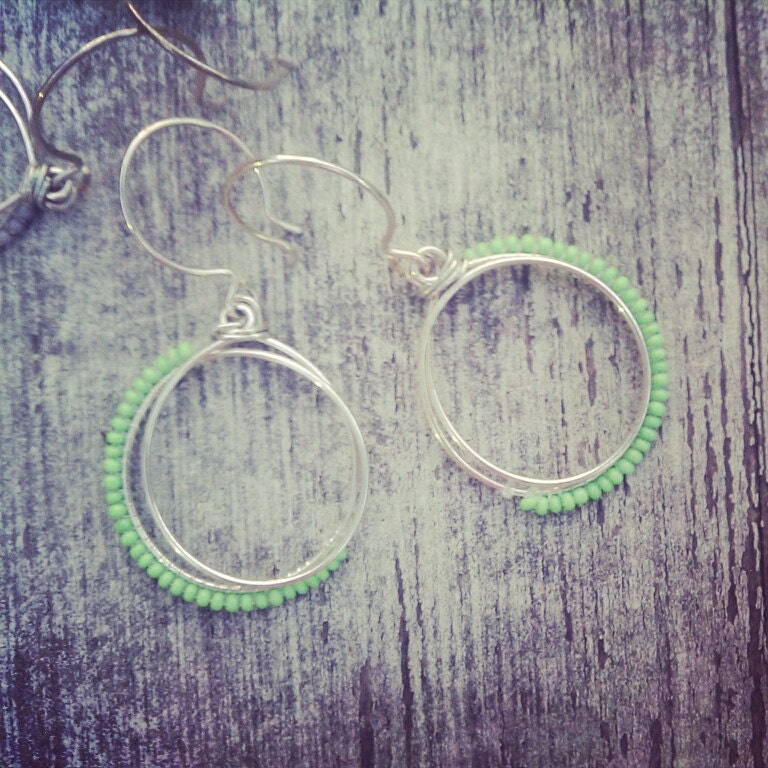 Strong and Delicate - fresh green bead wrapped sterling silver earrings