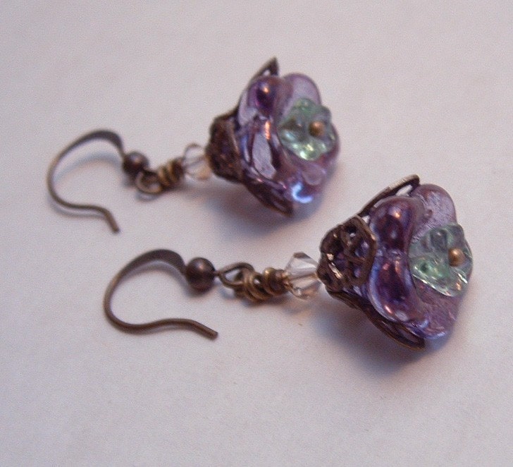 Purple Flower Earrings with filligree
