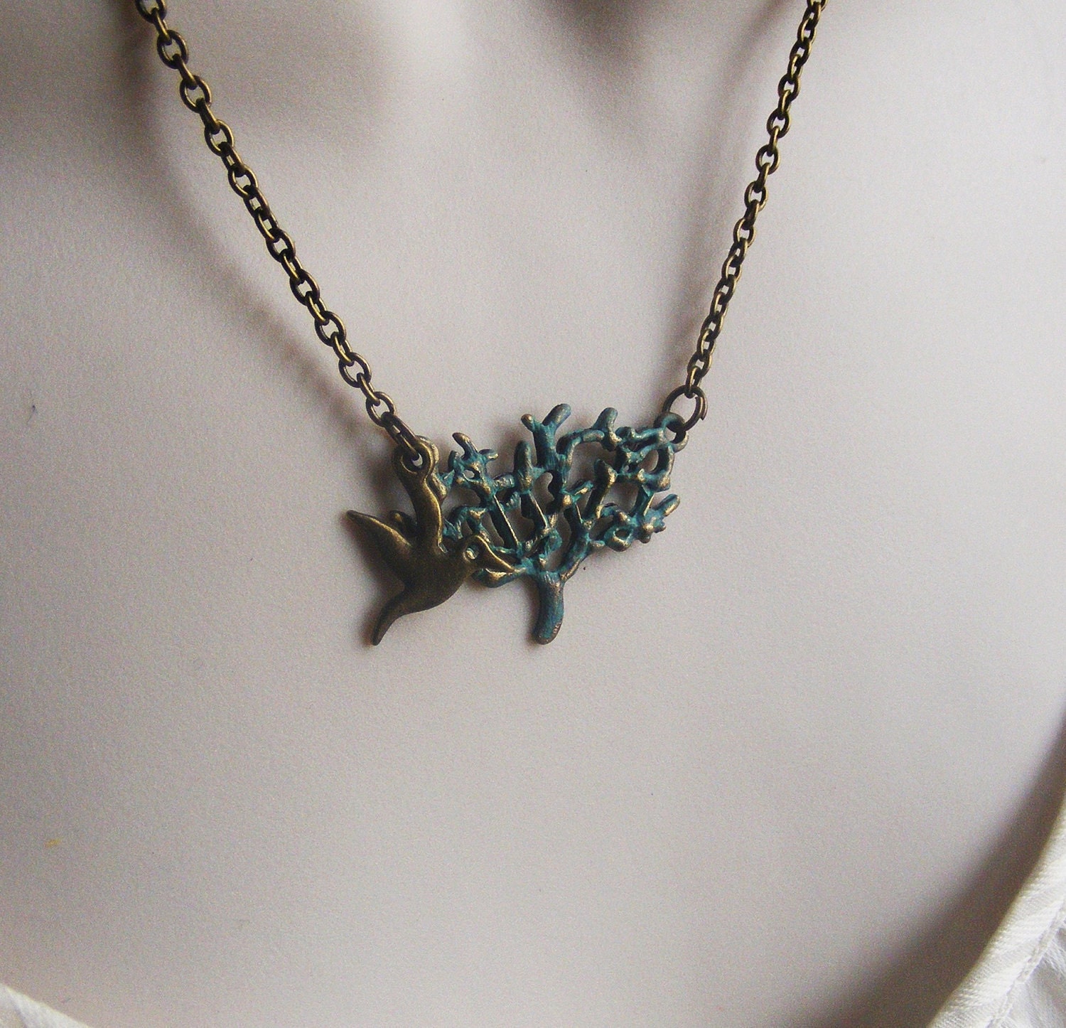 Windy Day Tree Necklace. Verdigris. Turquoise Necklace. Bird. Nature Inspired Jewelry. Vintage Inspired