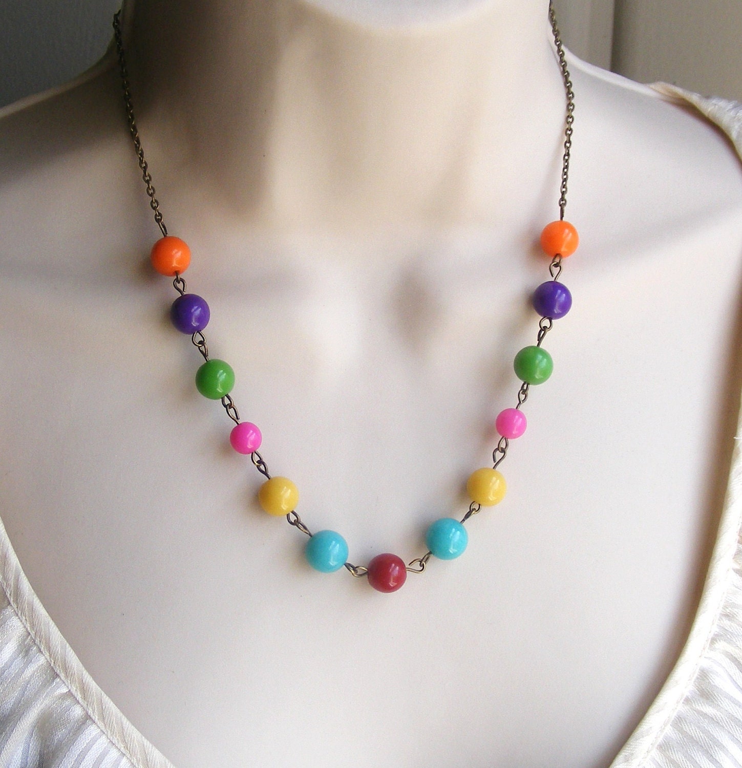 Colorful Beaded Necklace. Gumball Necklace. Rainbow Necklace. Turquoise. Red. Orange. Yellow. Purple. Little Girl Necklace. Photo Prop