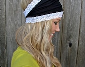 ECO Friendly Bamboo Rayon Cotton Jersey Knit Headband in Black with Stretch Lace Trim