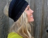 ECO Friendly Bamboo Rayon Cotton Jersey Knit Headband in Black with Stretch Lace Trim