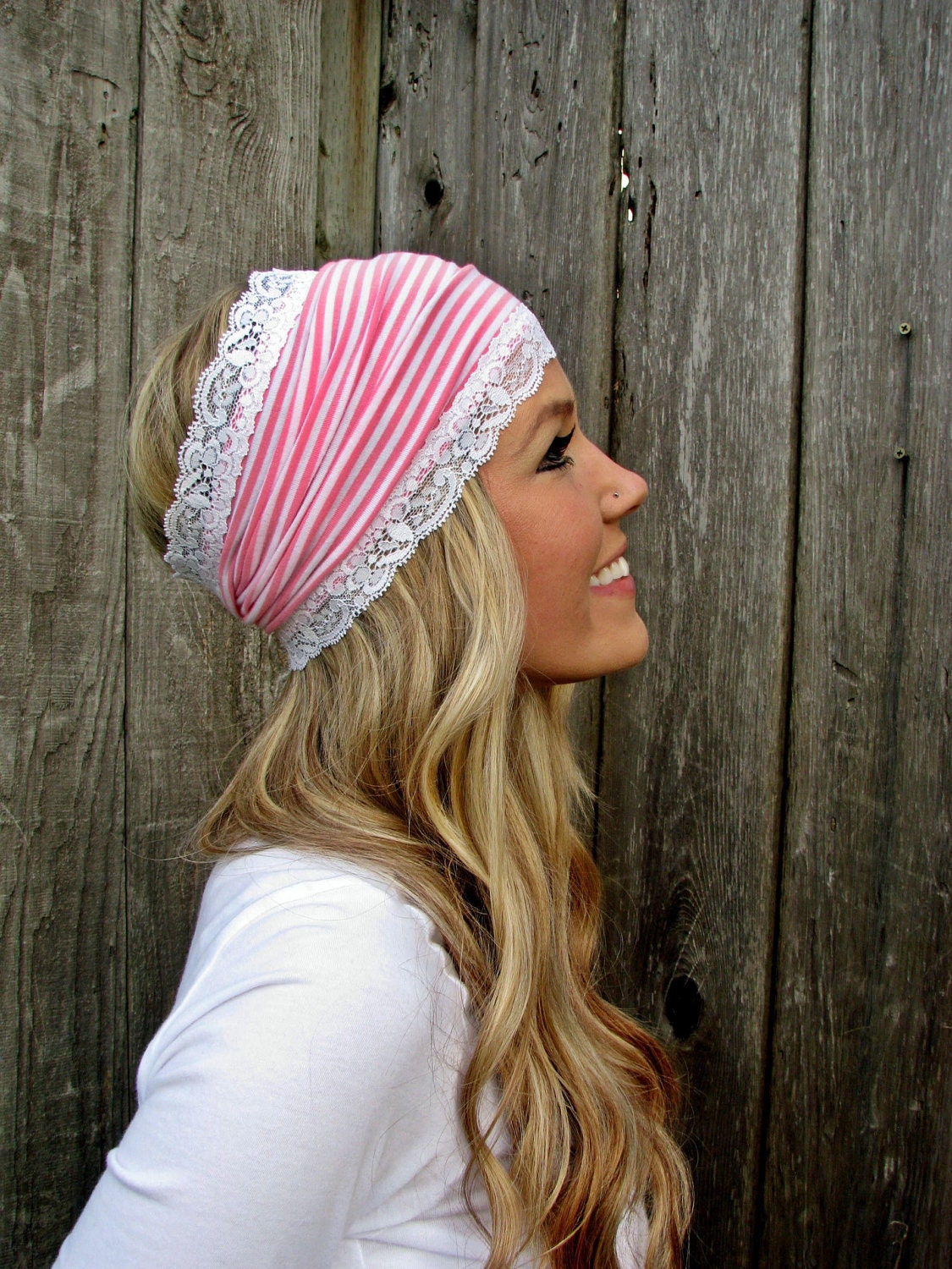 Pink and White Striped Stretch Jersey Knit Headband with Stretch Lace Trim