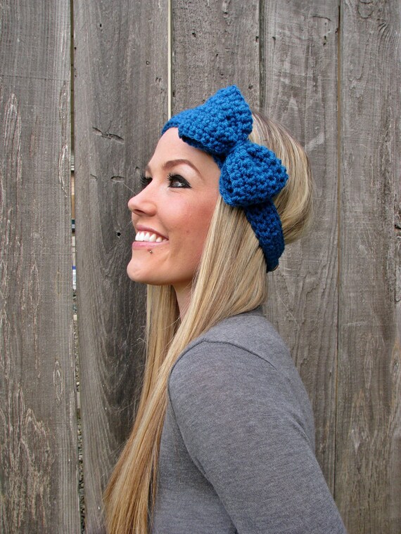 Sapphire Blue Bow Headband with Natural Vegan Coconut Shell Buttons - Adjustable