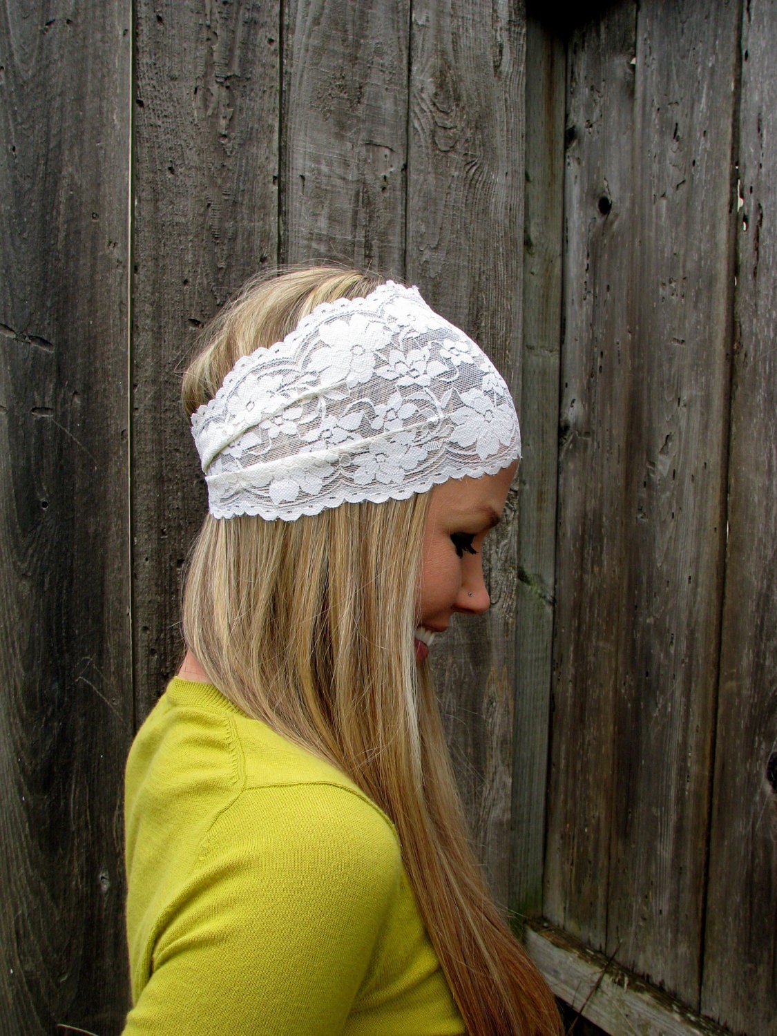 Wide Stretch Lace Headband in Ivory Cream (off white)