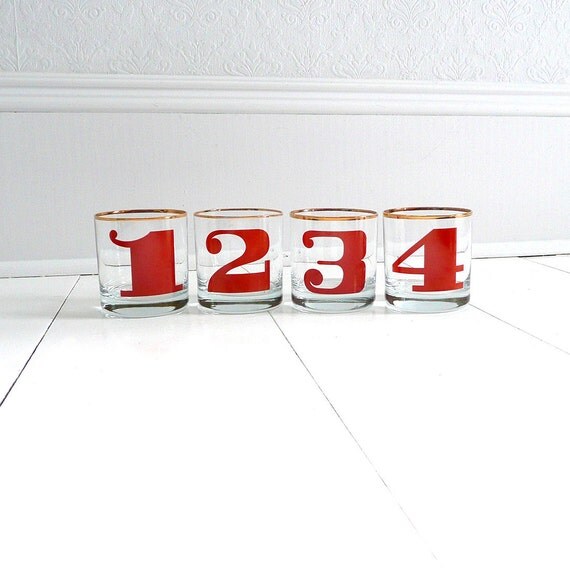 Vintage 70s Numbered Lowball Glasses - Orange, Graphic and Modern