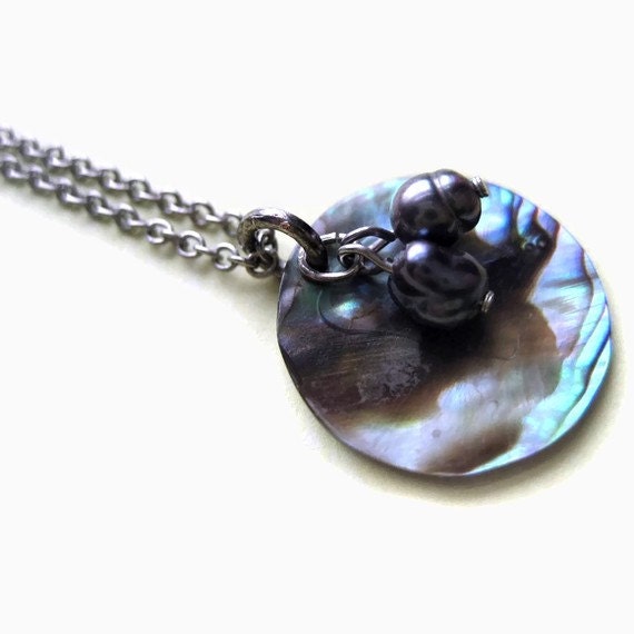 Beaded Pendant, Necklace, Pearl, Button, Fresh Water, Beaded, Circle, Dangle, Silver, Grey, Gray, Slate, Peacock Blue, Shell, Teal, Ocean