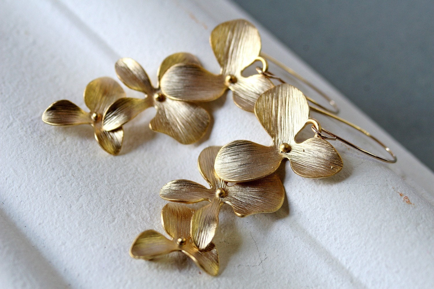 Gold Orchid Earrings - Flower Blossom - Bridal Wedding Jewelry