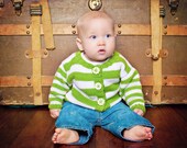 Childrens Clothing -- Baby Sweater, Hand Knit, Unisex -- PROSPECT STREET -- Green and White Striped Cardigan