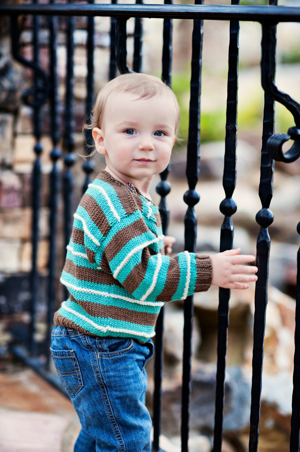 Hand Knit Baby Sweater, Unisex -- Childrens Clothing -- SOMERSET PLACE -- Turquoise and Brown Striped -- Perfect for Spring Baby Showers