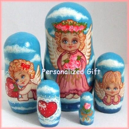 Pink Angel and Cherubs Nesting Dolls - Personalized Message Gift Ideas 5 pcs set