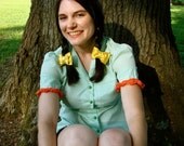 Green Striped Blouse with Collar & Crochet Trim