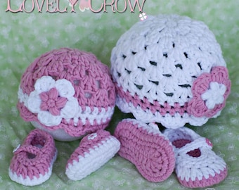 Bulky Yarn Crochet Pattern for Bulky Baby Button Maryjanes , and  Bulky Princess Flower Beanie Hat digital