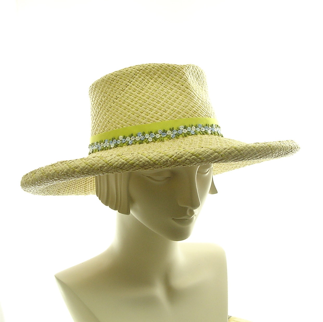 Lime Green Sun Hat for Women - Wide Brimmed Hat - Natural Panama Straw Hat