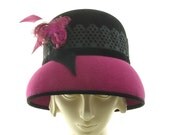 Felt Cloche Hat for Women - Vintage Style Pink & Black Hat
