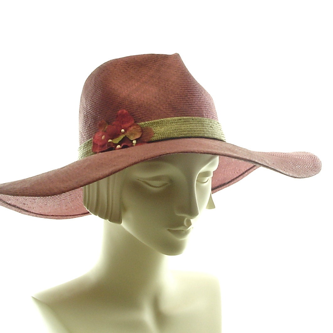 Straw Hat for Women - Wide Brim Hat - Sun Hat - Rusty Red Fedora - Vintage Flowers