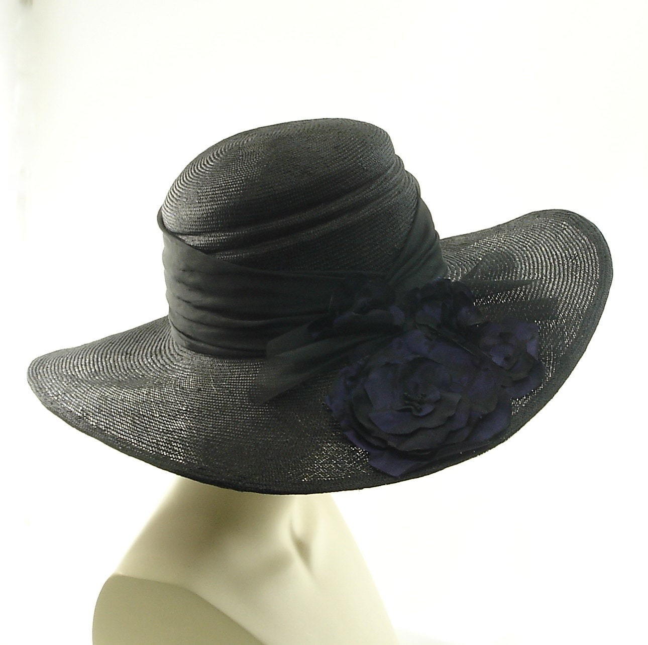 Kentucky Derby Hat For Women - Handmade Wide Brim Straw Hat - Black & Purple Flowers