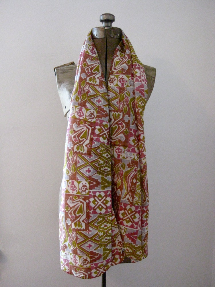 vintage 70s neutral tribal long silk scarf