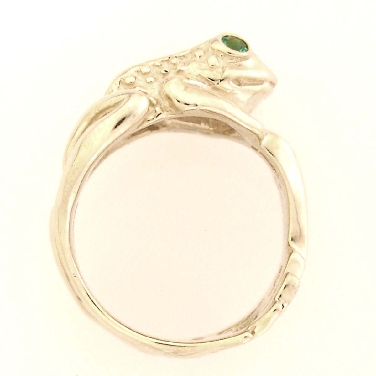 Silver Frog Ring with Green Eyes