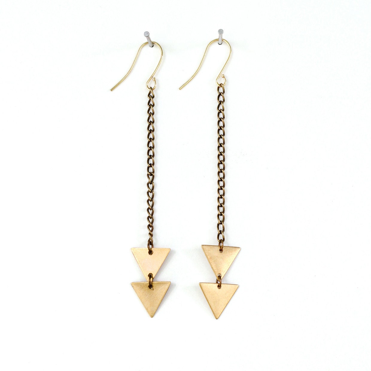 brass arrow triangle earrings