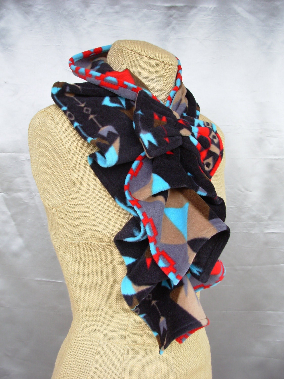 Ruffled Bow Scarf - Fleece tribal Black, Red, Turquoise, tribal print, Indian, native