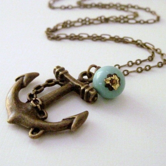 Nautical Anchor Necklace Vintage Turquoise Glass Bead Resort Charm Necklace Ocean - Sweet Anchor