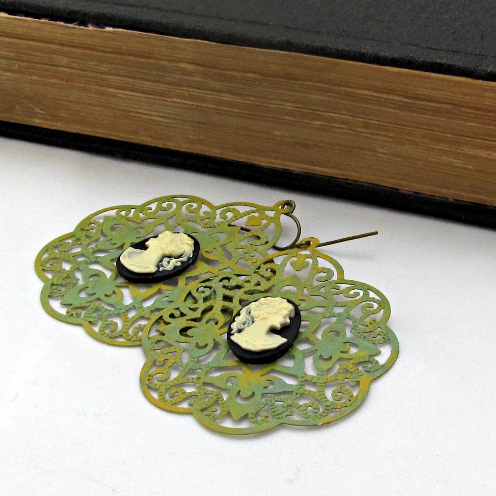 Cameo Earrings Green Filigree Earrings Lace Earrings Cameo Jewelry Bohemian Earrings Silhouette Jewelry - Laced in Silhouette