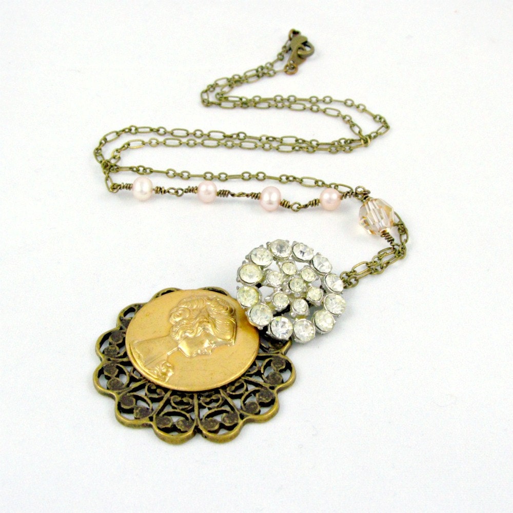 Silhouette Necklace Rhinestone Necklace Pink Pearl Necklace Cameo Necklace Cottage Chic Necklace Paris Necklace French Inspired - Emmaline