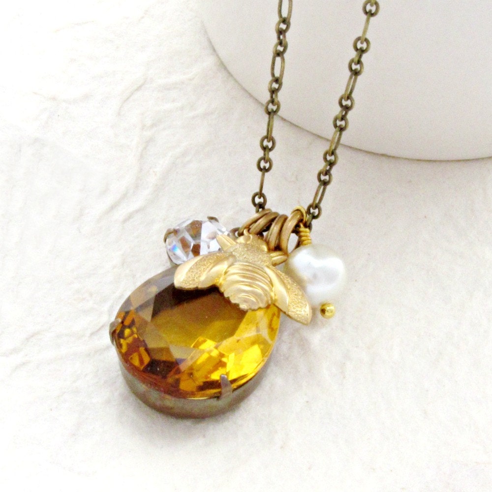 Bee Necklace Topaz Necklace Rhinestone Necklace Bee Charm Necklace Honey Gold Necklace Long Necklace - Honey Deux