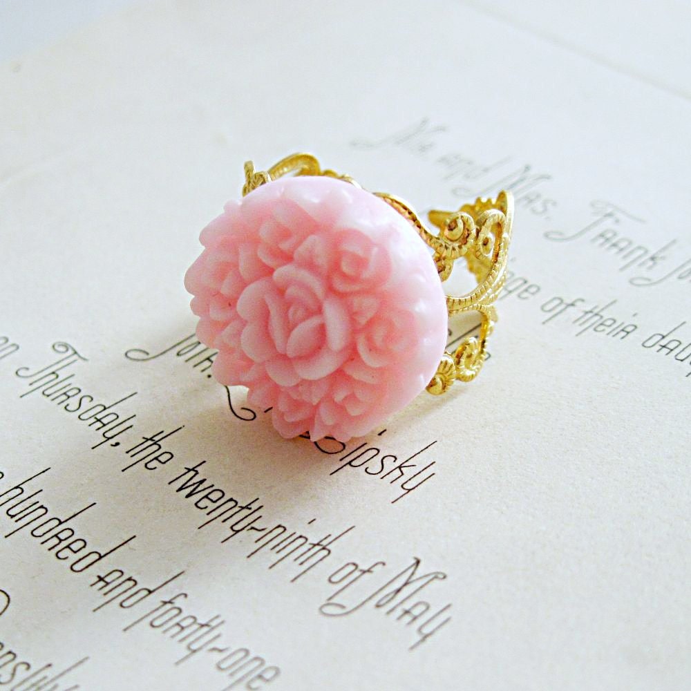 Pink Flower Ring Vintage Style Flower Cluster Cottage Chic Pastel Gold Filigree Bridesmaid Ring Gift Under 25 - Pink Dreams