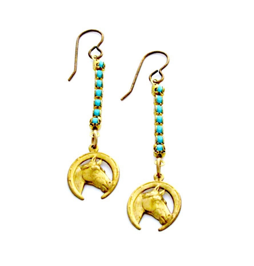 Horse Earrings Turquoise Earrings Vintage Horse Earrings Rhinestone Earrings Southwest Jewelry - Sundance Sparkle