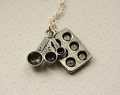Baking Necklace, Baker's Cupcake Pendant, Sterling Silver Chain, Small Charms, Measuring Spoons, Women's Necklace