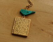 Flower and Vines Book Locket with Turquoise Bird, Blue Pendant, Long Gold Chain, Floral Jewelry, Fashion Jewellery