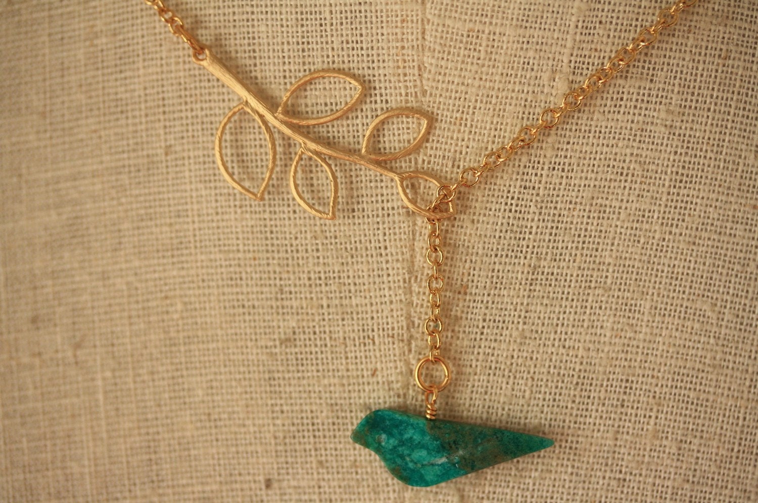 SALE - Gold Lariat with Turquoise Bird and Leaf, Bridesmaids Necklace, Bridal Pendant, Branch Silhouette Jewelry, Fashion Jewellery