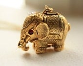 1960s Vintage Elephant Locket, Large Perfume Pendant, Gold Jewelry, Long Chain, Circus Animal, Secret Compartment, Red Disc Eyes, Pill Box