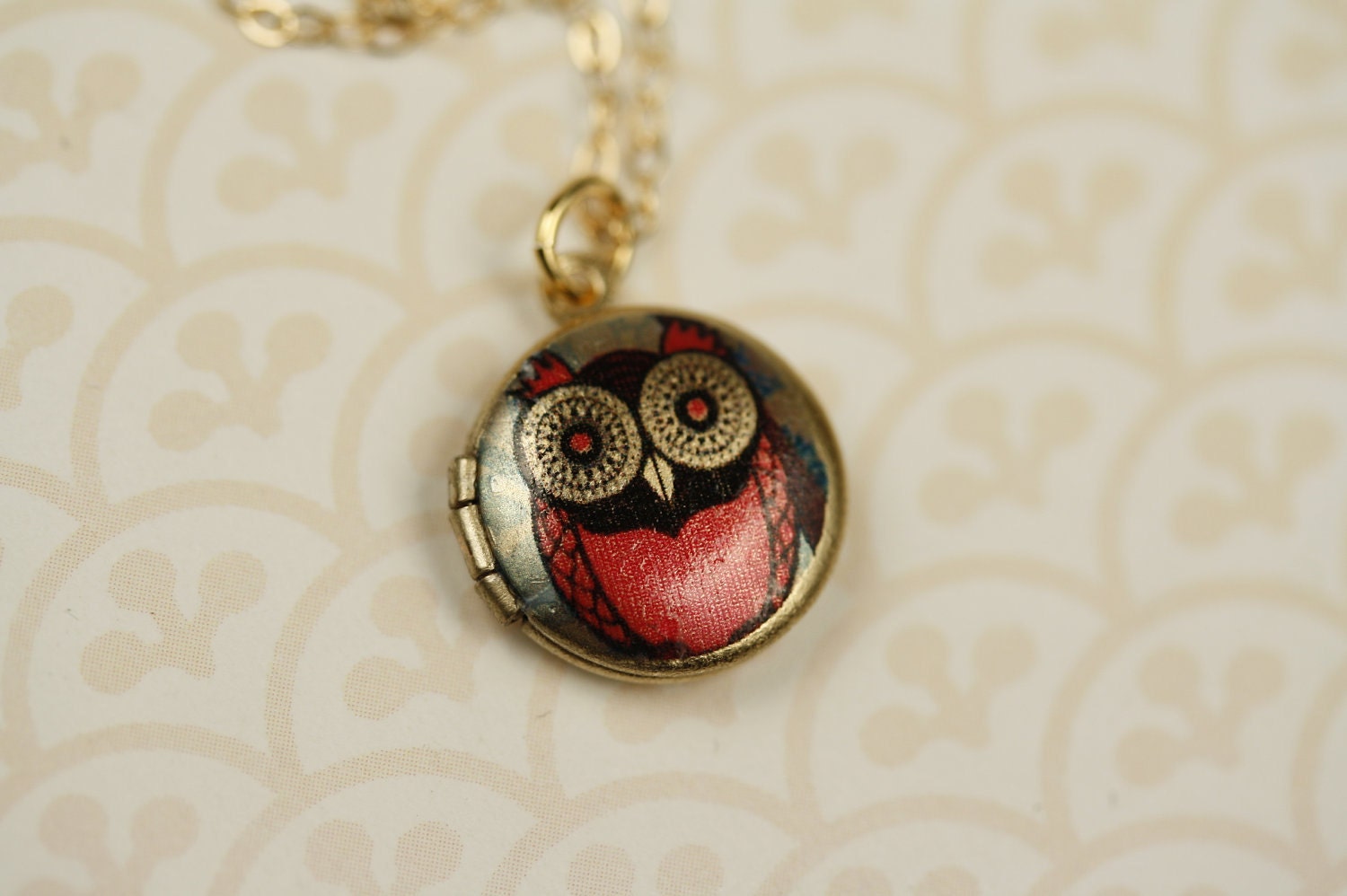Small Pink Owl Locket Necklace, Miniature Red Whimsical Bird Pendant, Teen Girl, 14kt Gold Filled Chain, Little Jewelry, Women's Jewellery
