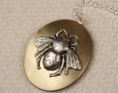 Long Silver BumbleBee Locket Necklace, Vintage Copper, Large Jewelry, Brass Metal, Oval Bee Pendant, Unique Two Tone Jewellery