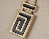 Vintage Locket Necklace with Geometric Dark Blue Design, Long Gold Rope Chain, Greek Key Pattern, Secret, Hidden Jewelry, Rare Jewellery