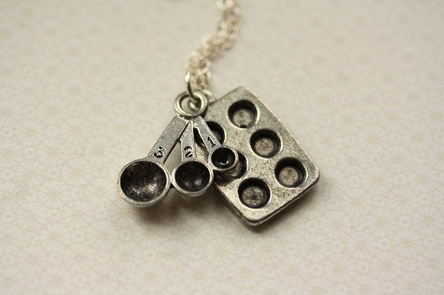 Baking Necklace, Baker's Cupcake Pendant, Sterling Silver Chain, Small Charms, Measuring Spoons, Women's Necklace