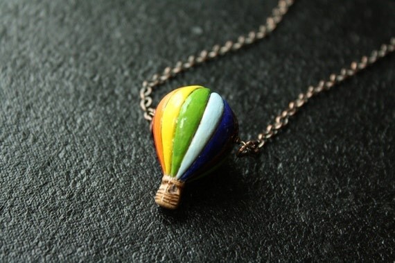 Hot Air Balloon Necklace, Painted Ceramic Pendant, Colorful Red, Blue, Green, Purple and Yellow Jewelry, Rainbow, Copper Chain