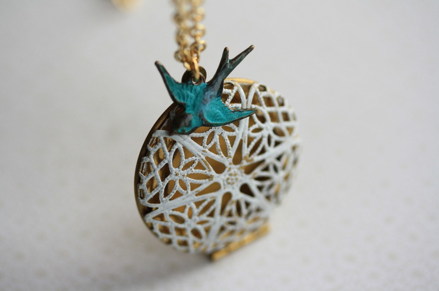 White Filigree Locket and Blue Bird Necklace, Round Pendant, Bridal Jewelry, Shabby Chic Fashion, Gold Plated Chain