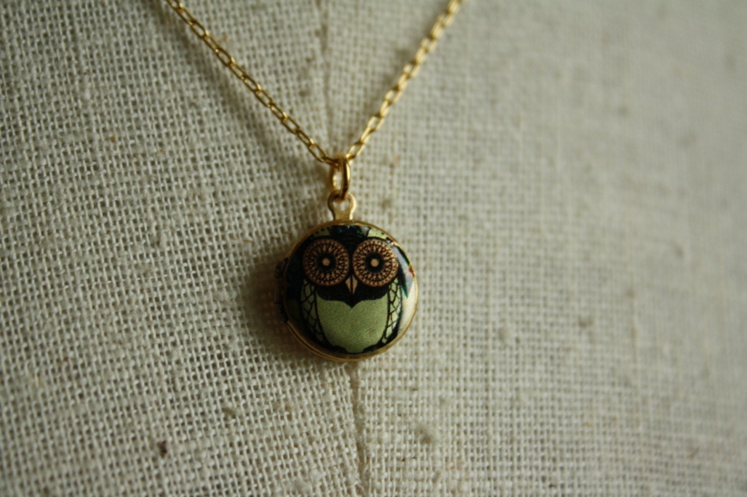Small Green Whimsical Owl Locket Necklace, Miniature Pendant, 14kt Gold Filled Chain, Girl's Bird Jewelry, Round Photo Jewellery, Fashion