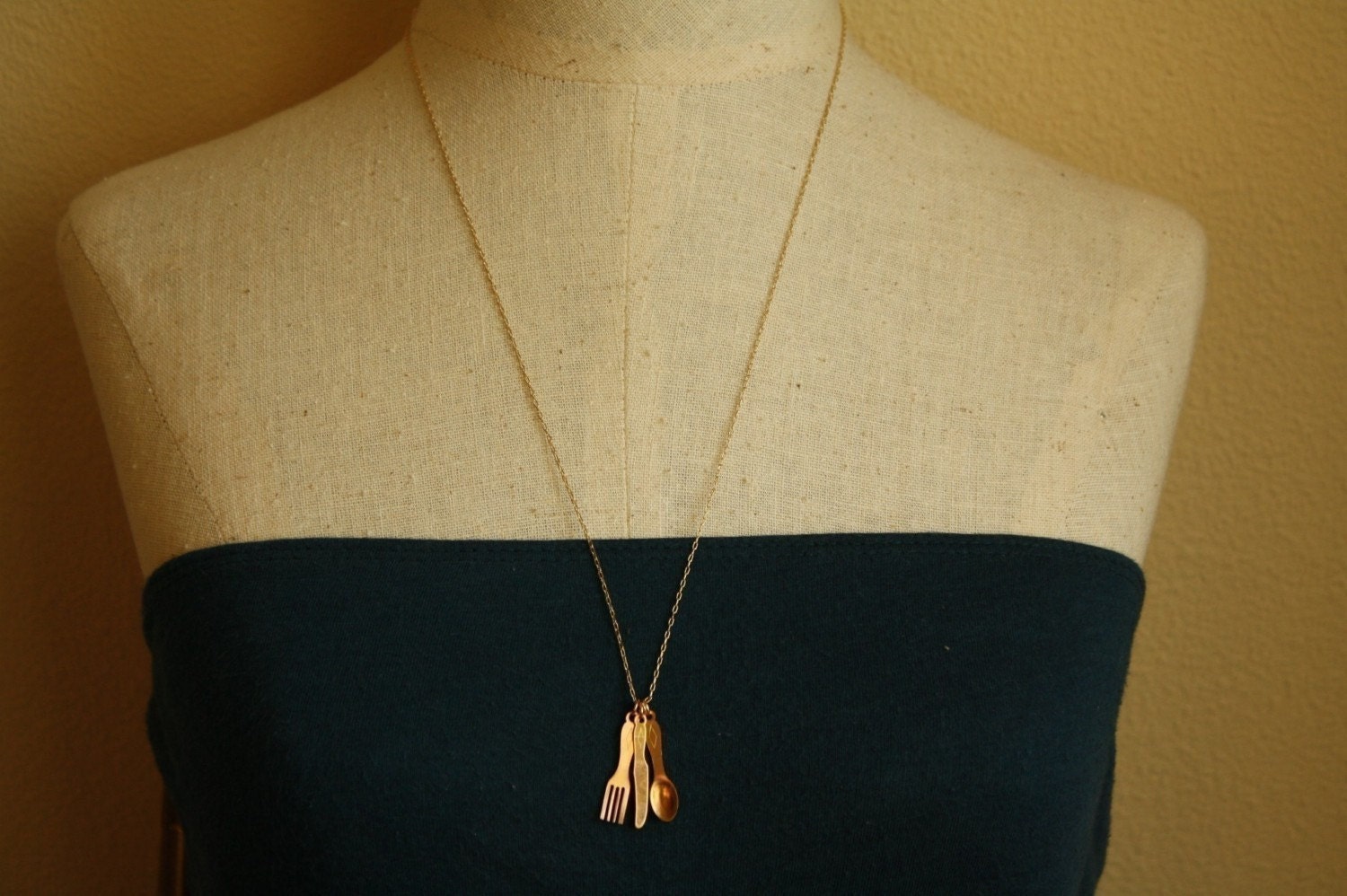 Long Spoon, Fork and Knife Necklace on a 14kt Gold Filled Chain, Eating Utensils, Food