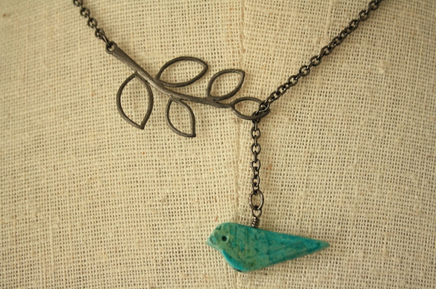 Turquoise Blue Bird and Branch Lariat, Bridal Necklace, Gunmetal Chain, Leaf Silhouette, Jewelry, Bridesmaids Set, Bridal Fashion